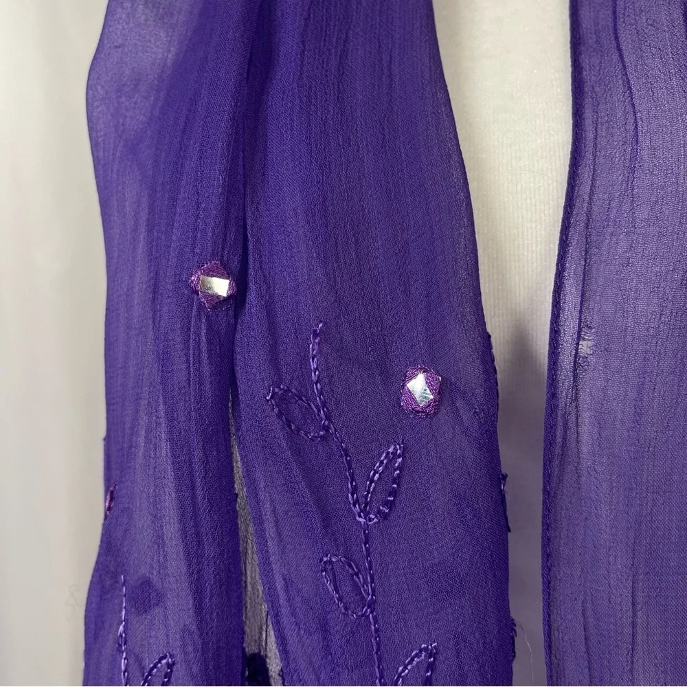 Vintage Embroidered Gauze Jewel Tone Boho Mirror Floral Scarf Shawl Elegant